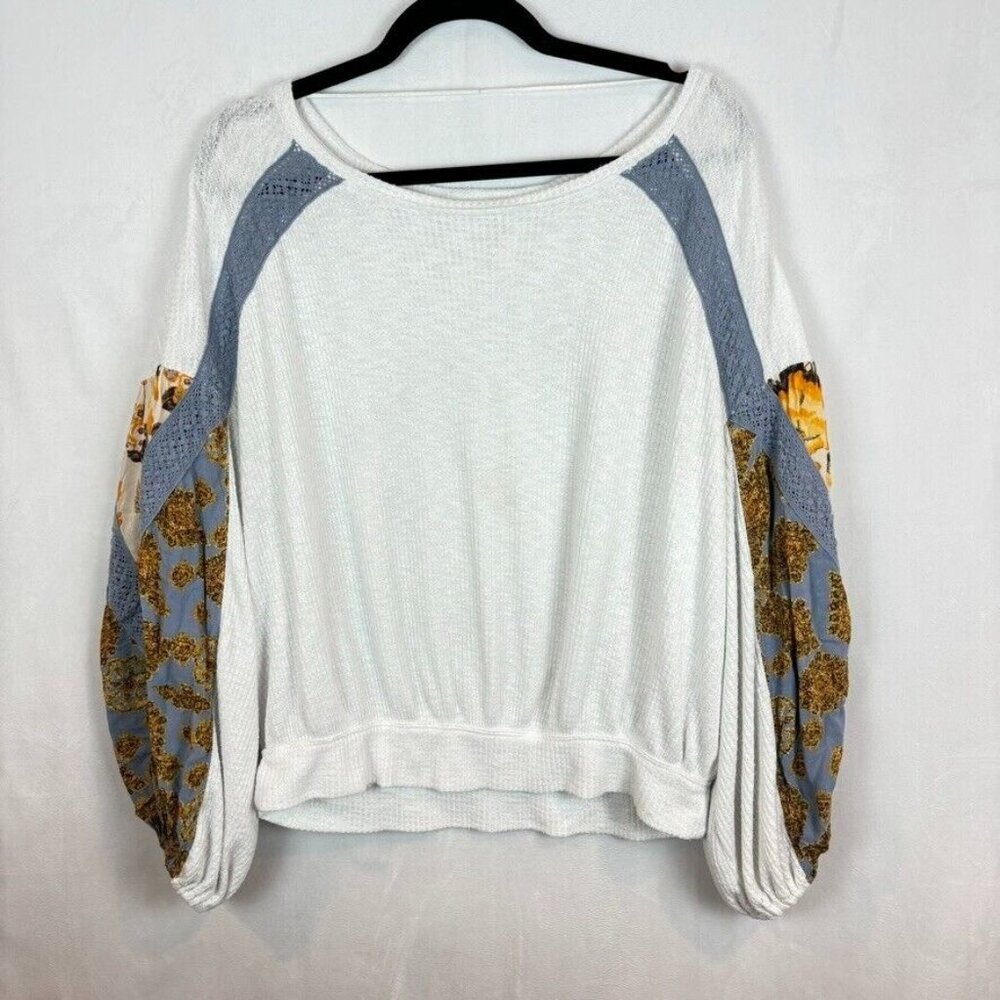 Free People White and Blue Blouse with Floral Accents